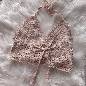 Cropped Crochet Halter Top - Tan